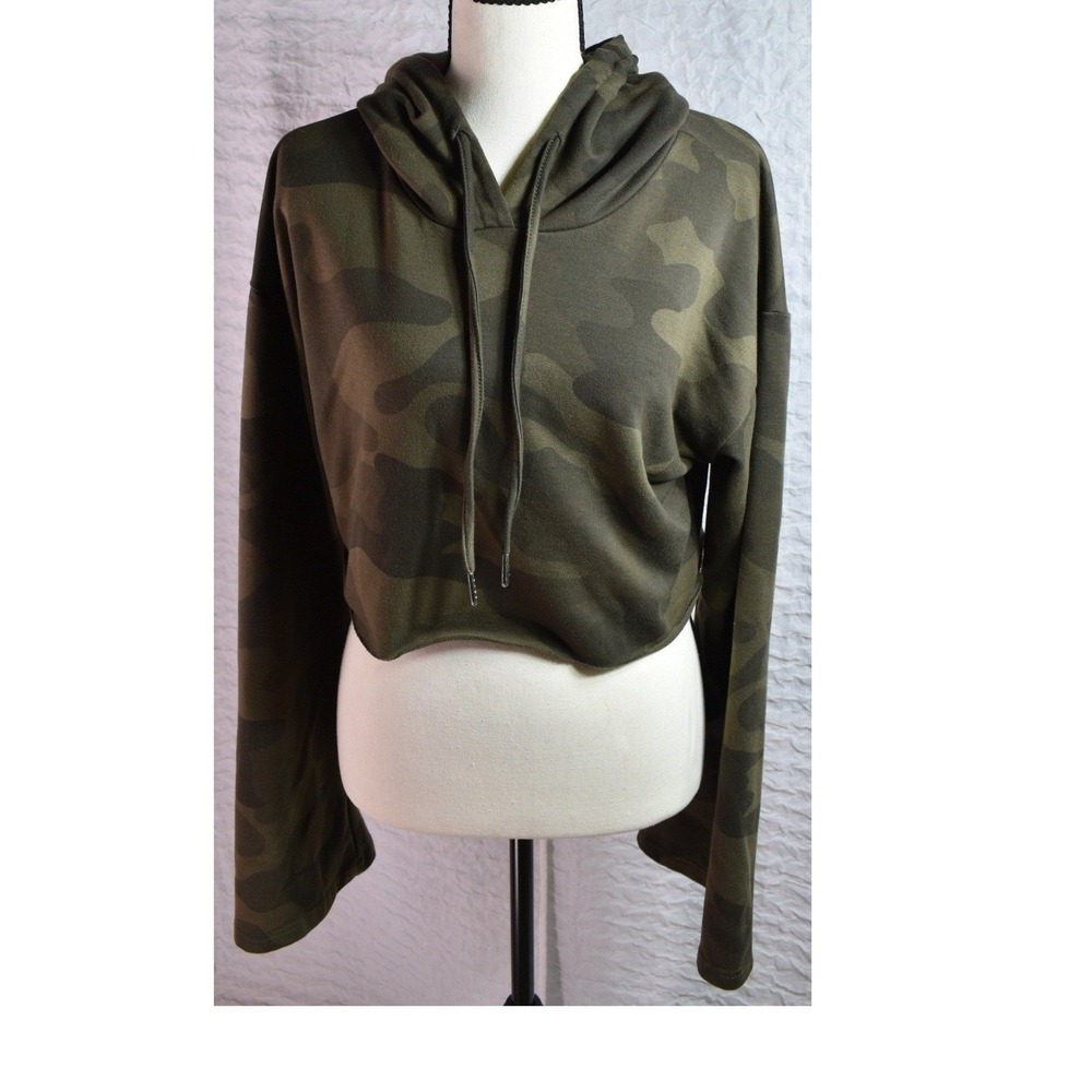 Tobi Womens Camo Cropped Hoodie Green Camouflage Bell Sleeve Pullover Small